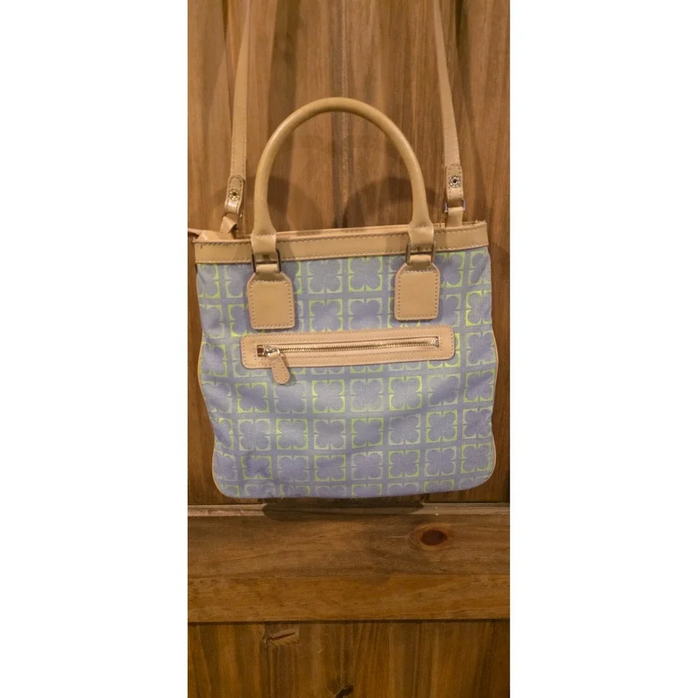 Liz Claiborne Tote Handbag Womens Blue‎ Geometric Canvas Leather Trim Classic
